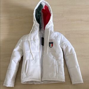 Olympia Activewear White Puffer Jacket with Green & Red Lining